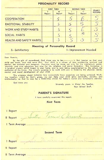 Student report card from Mother Evangelista School at St. Joseph's Village