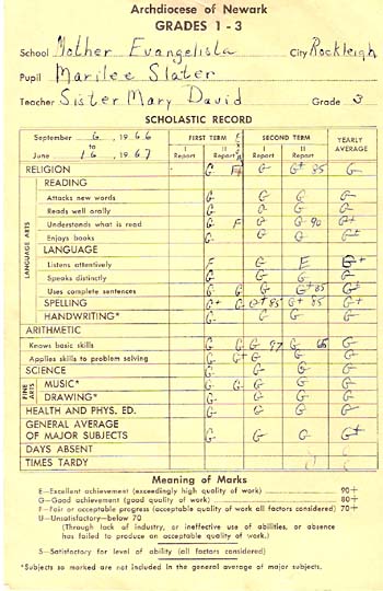 Student report card from Mother Evangelista School at St. Joseph's Village