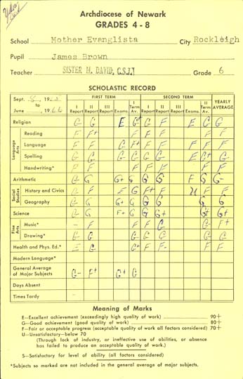Student report card from Mother Evangelista School at St. Joseph's Village